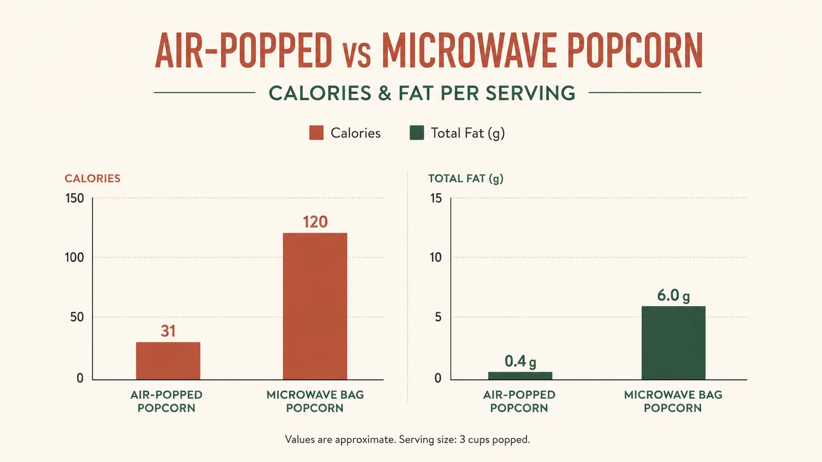 Simple bar chart comparing calories and fat grams per serving between air-popped popcorn and microwave bag popcorn