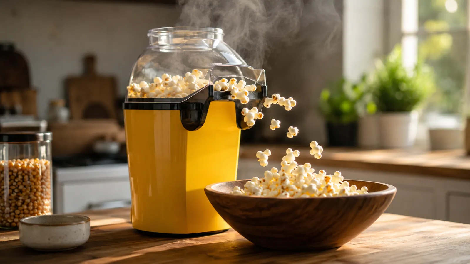 A bright yellow hot-air popcorn popper filling a wooden bowl with freshly popped white popcorn on a kitchen counter