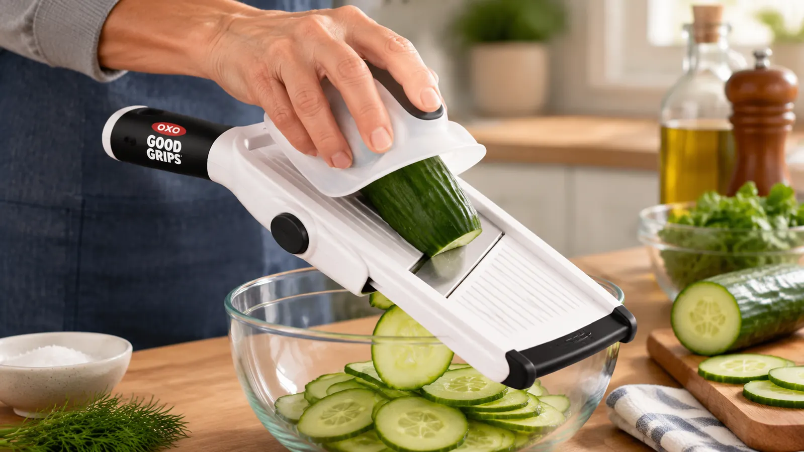 Hand using the food holder to guide a cucumber across an adjustable mandoline slicer blade over a mixing bowl
