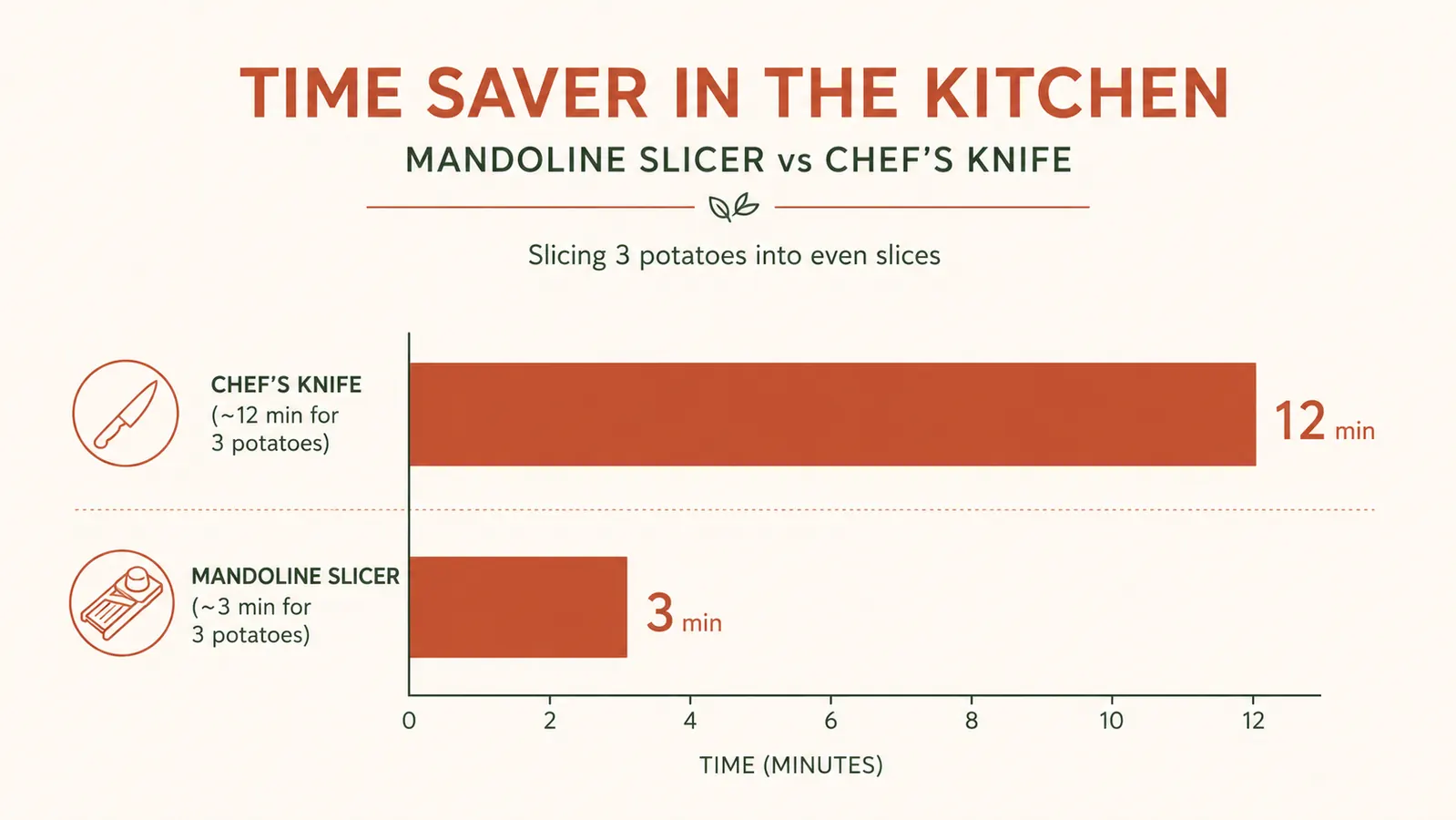 Bar chart comparing average prep time for slicing potatoes by hand with a knife versus with a mandoline slicer