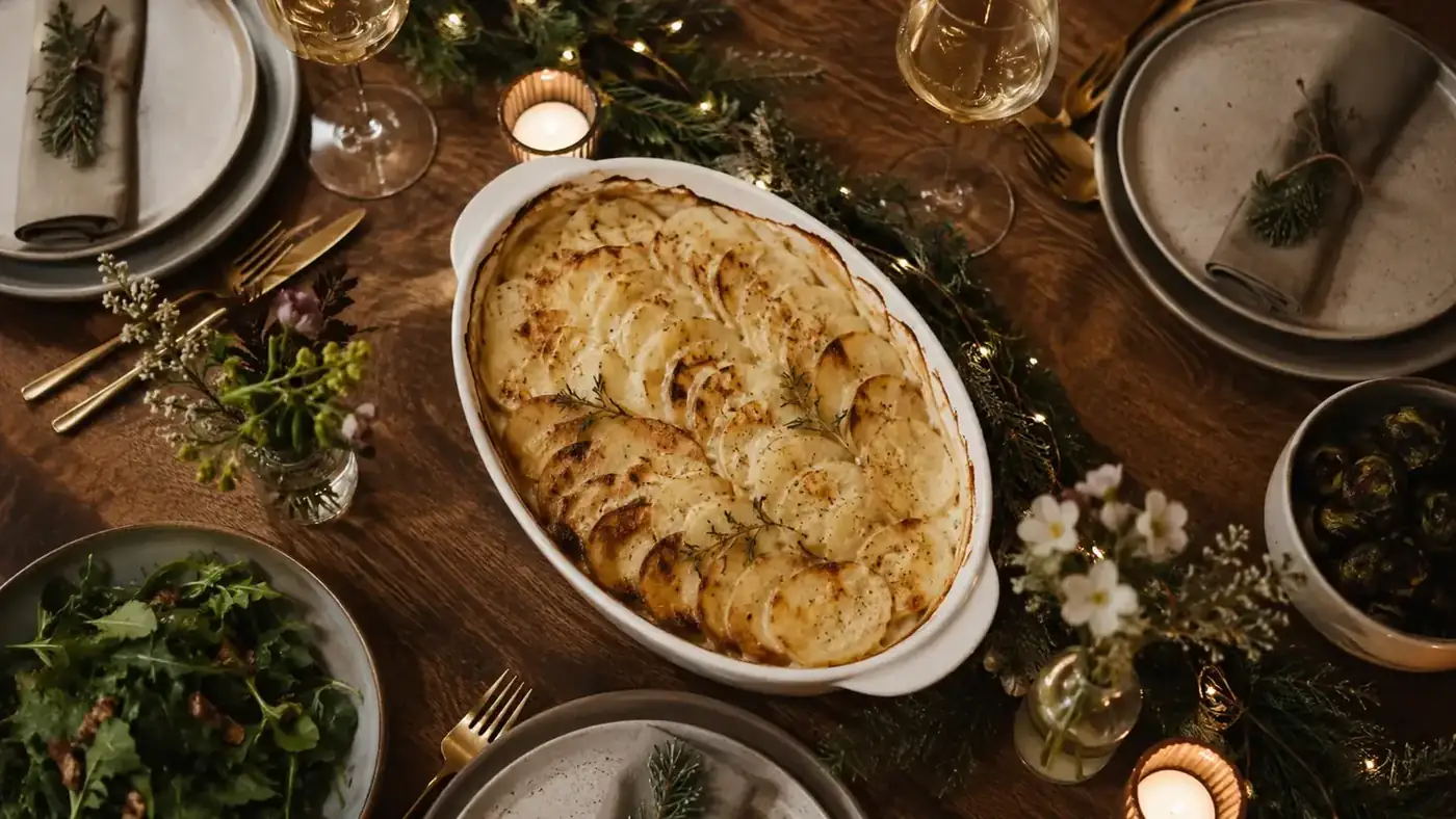 Overhead view of a holiday table with a scalloped potato gratin dish surrounded by side dishes