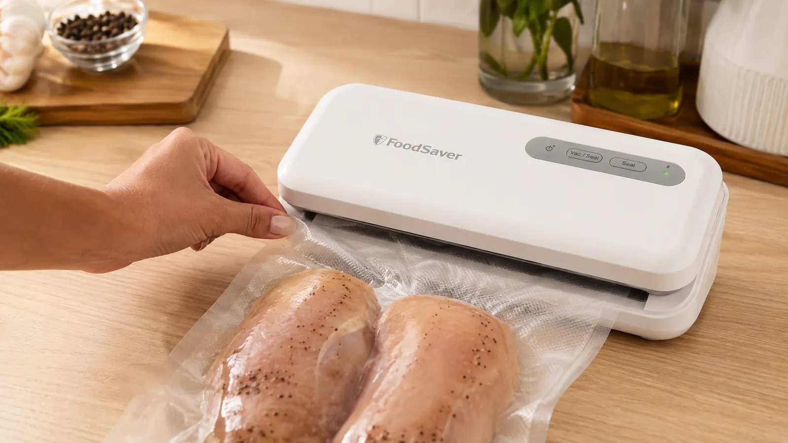 Hand guiding a bag of raw chicken breasts into a vacuum sealer machine as it removes the air before sealing