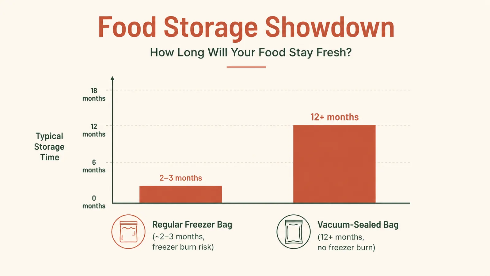 Bar chart comparing how many days ground beef stays fresh in a regular freezer bag versus a vacuum-sealed bag