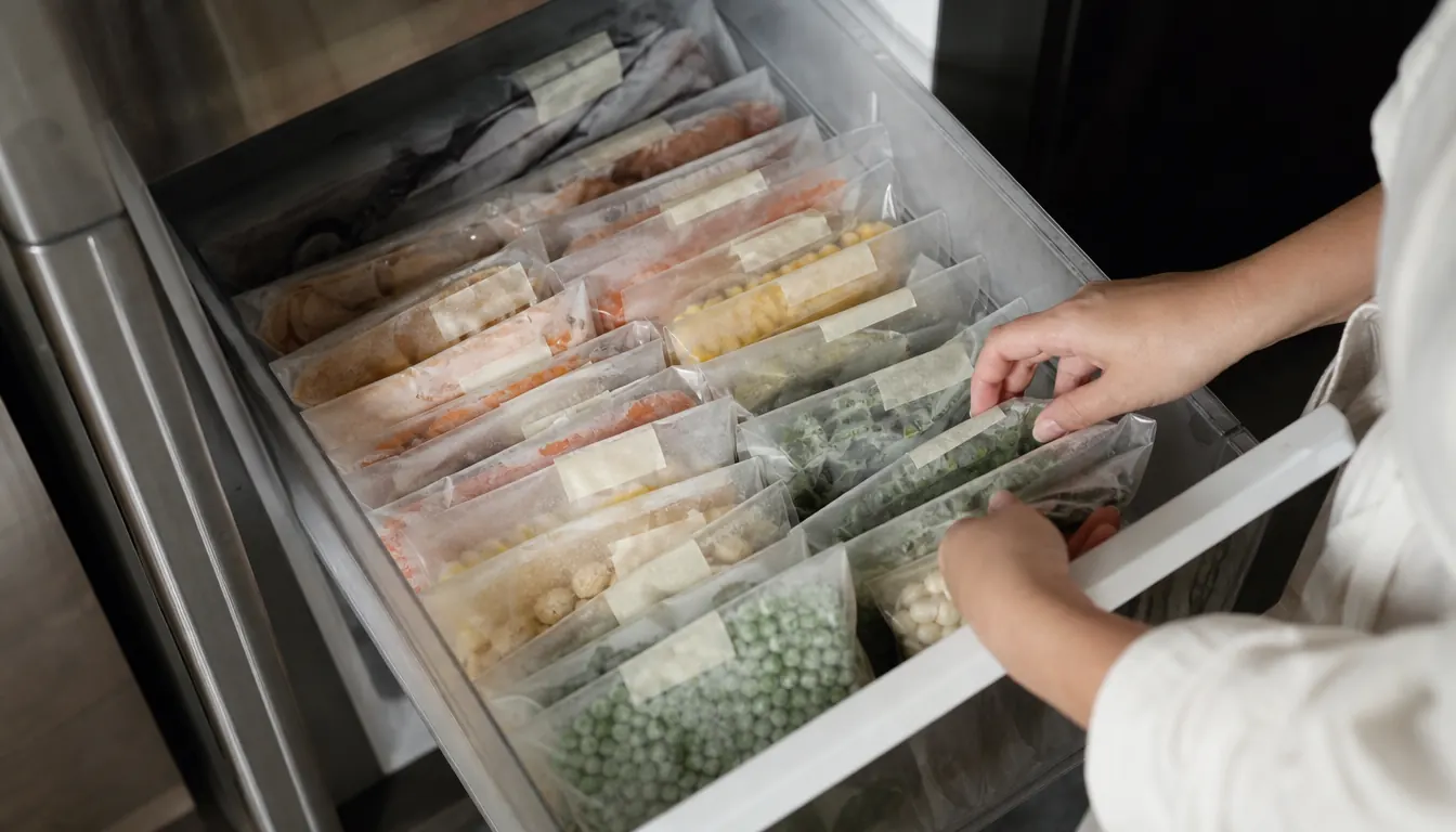 Chest freezer drawer neatly organized with labeled, flat vacuum-sealed bags of meat and vegetables stacked in rows