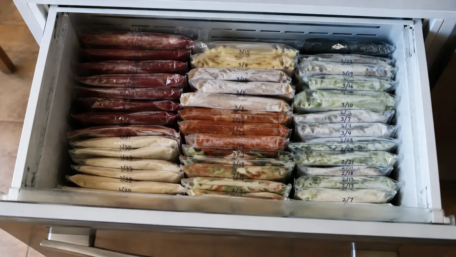 Chest freezer drawer neatly organized with flat, labeled vacuum-sealed bags of meat and vegetables