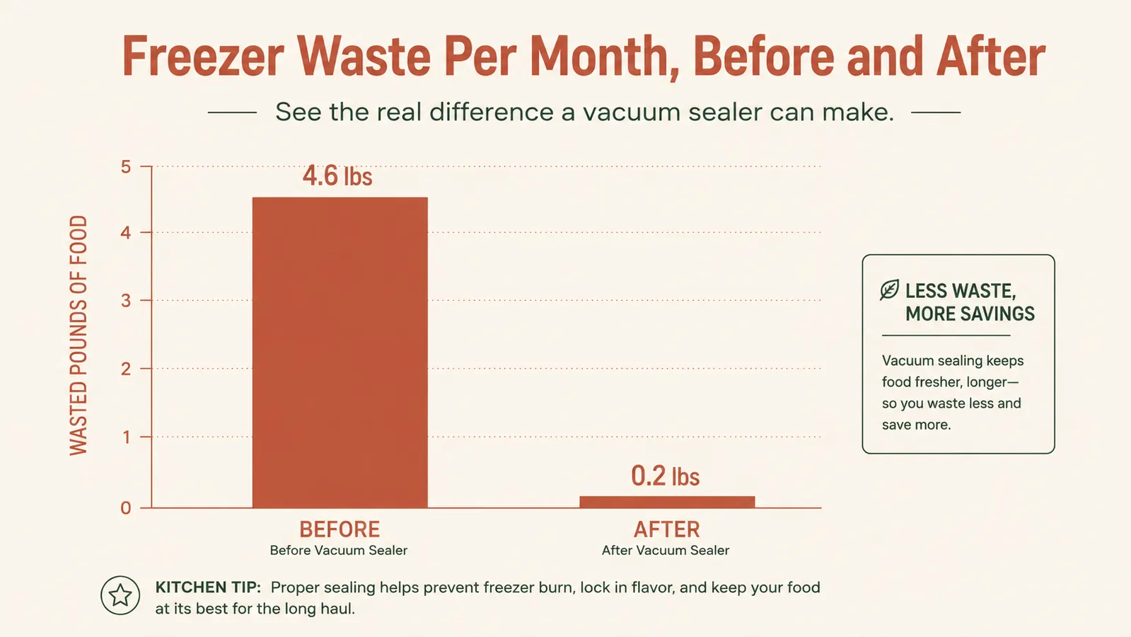 Simple chart comparing pounds of food thrown away per month before and after vacuum sealing