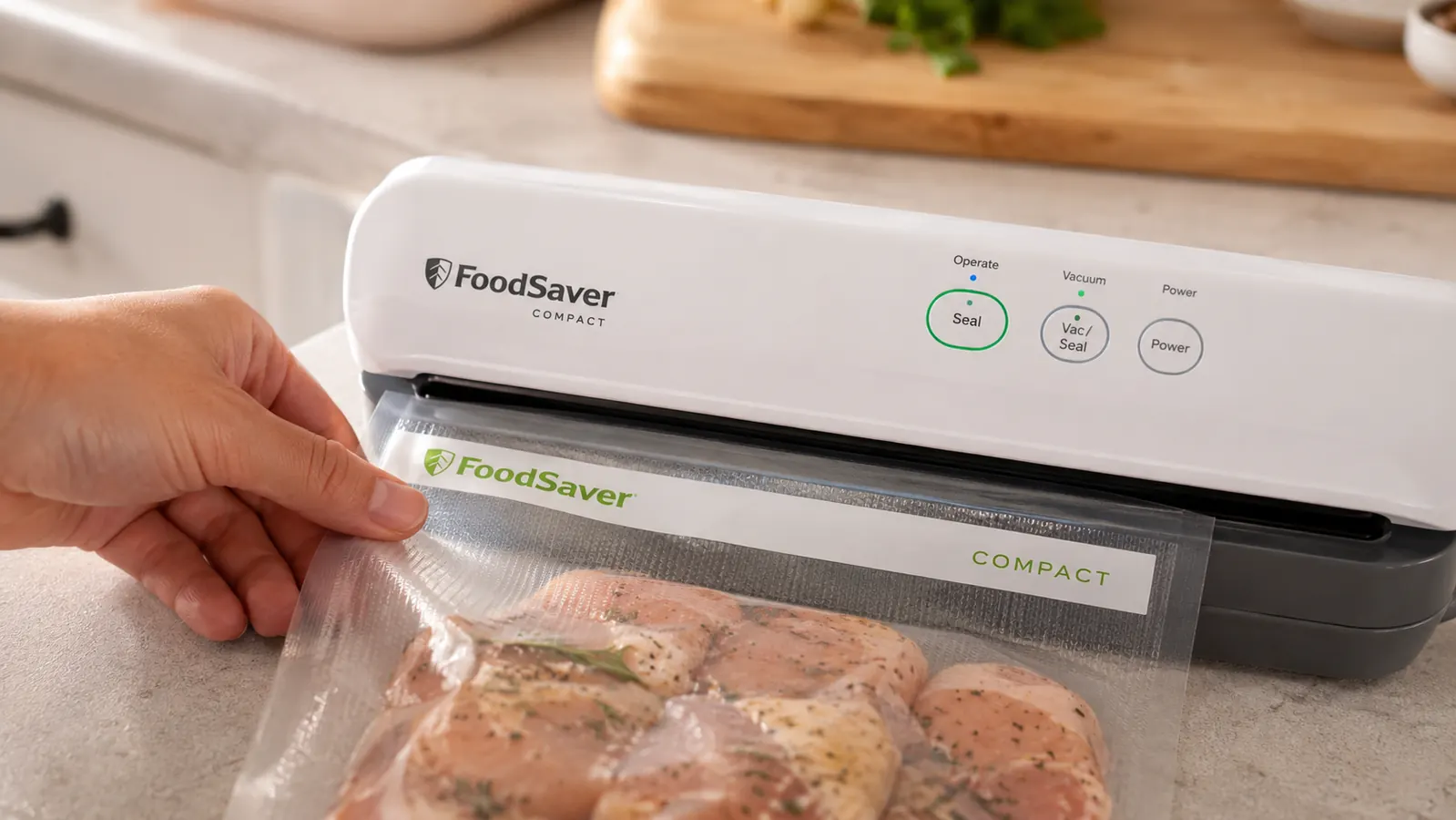 Hand feeding a bag of raw chicken thighs into the FoodSaver Compact vacuum sealer on a kitchen counter