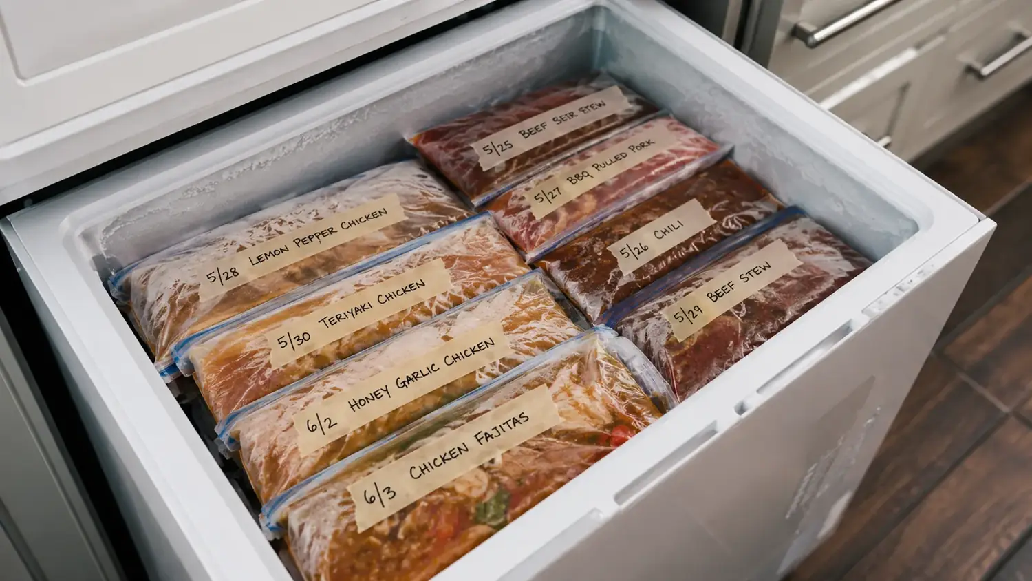 Chest freezer drawer packed with flat vacuum-sealed bags of meat and vegetables, each labeled in marker