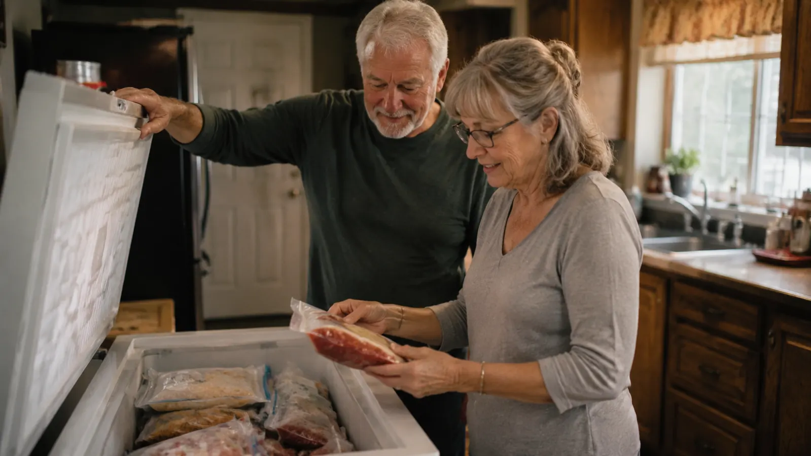 Retired couple unpacking sealed bags of frozen meal portions from a chest freezer