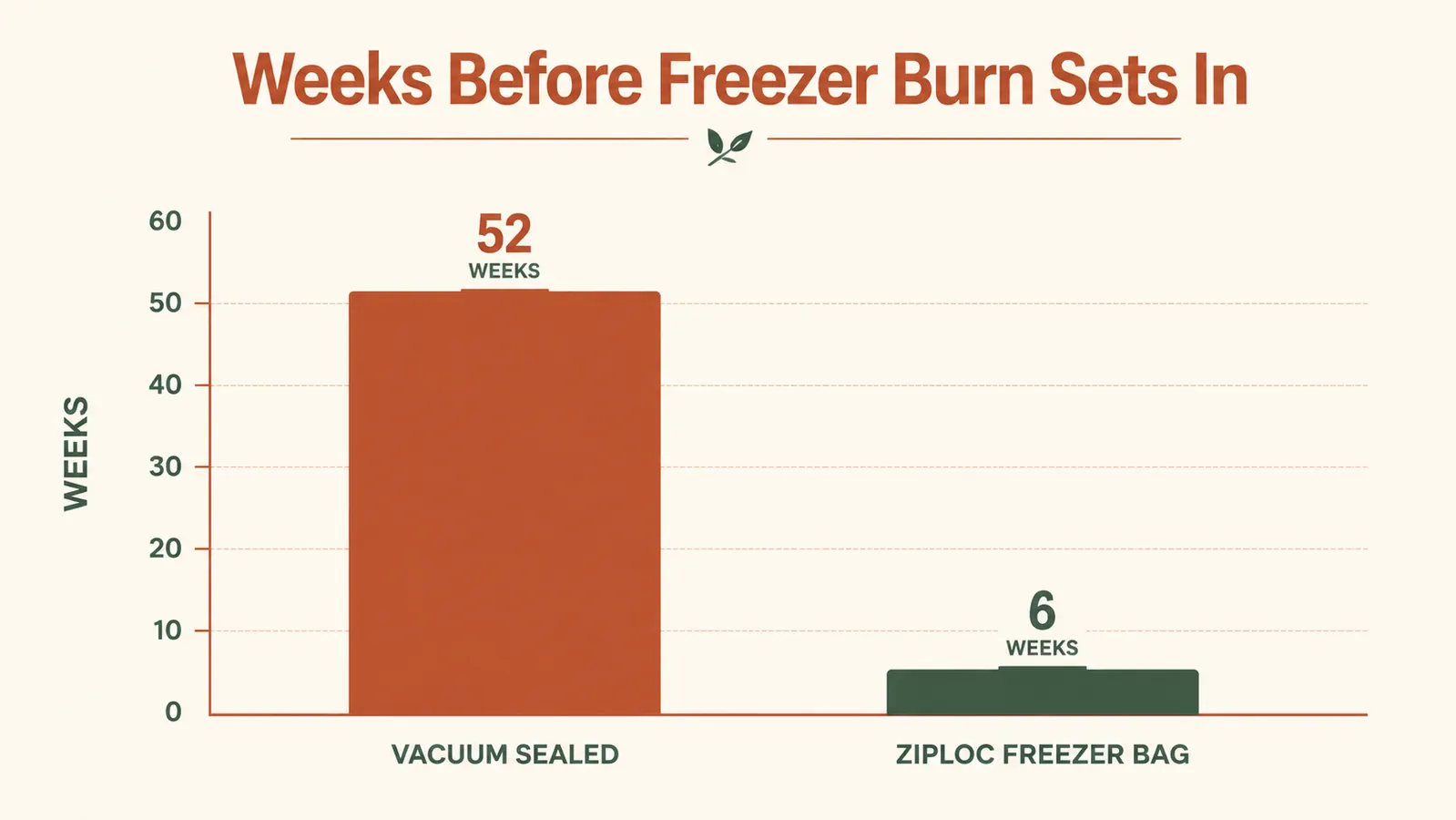 Bar chart comparing how many weeks chicken stays freezer-burn free when stored in a vacuum-sealed bag versus a standard Ziploc freezer bag