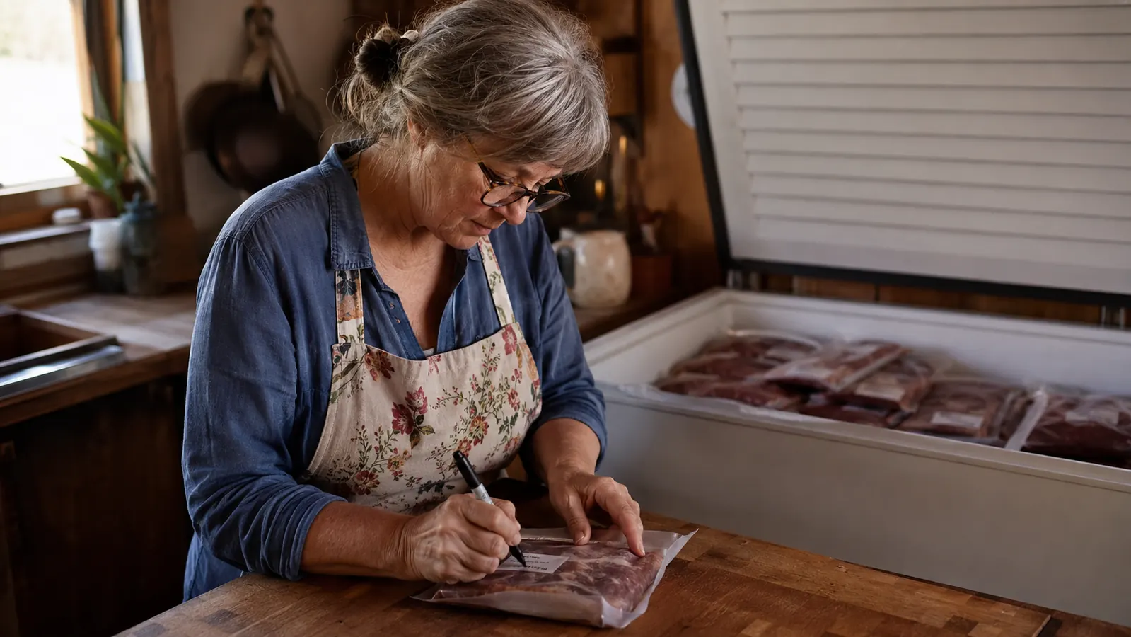 Older woman labeling a stack of vacuum-sealed bags of vegetables before loading them into a chest freezer