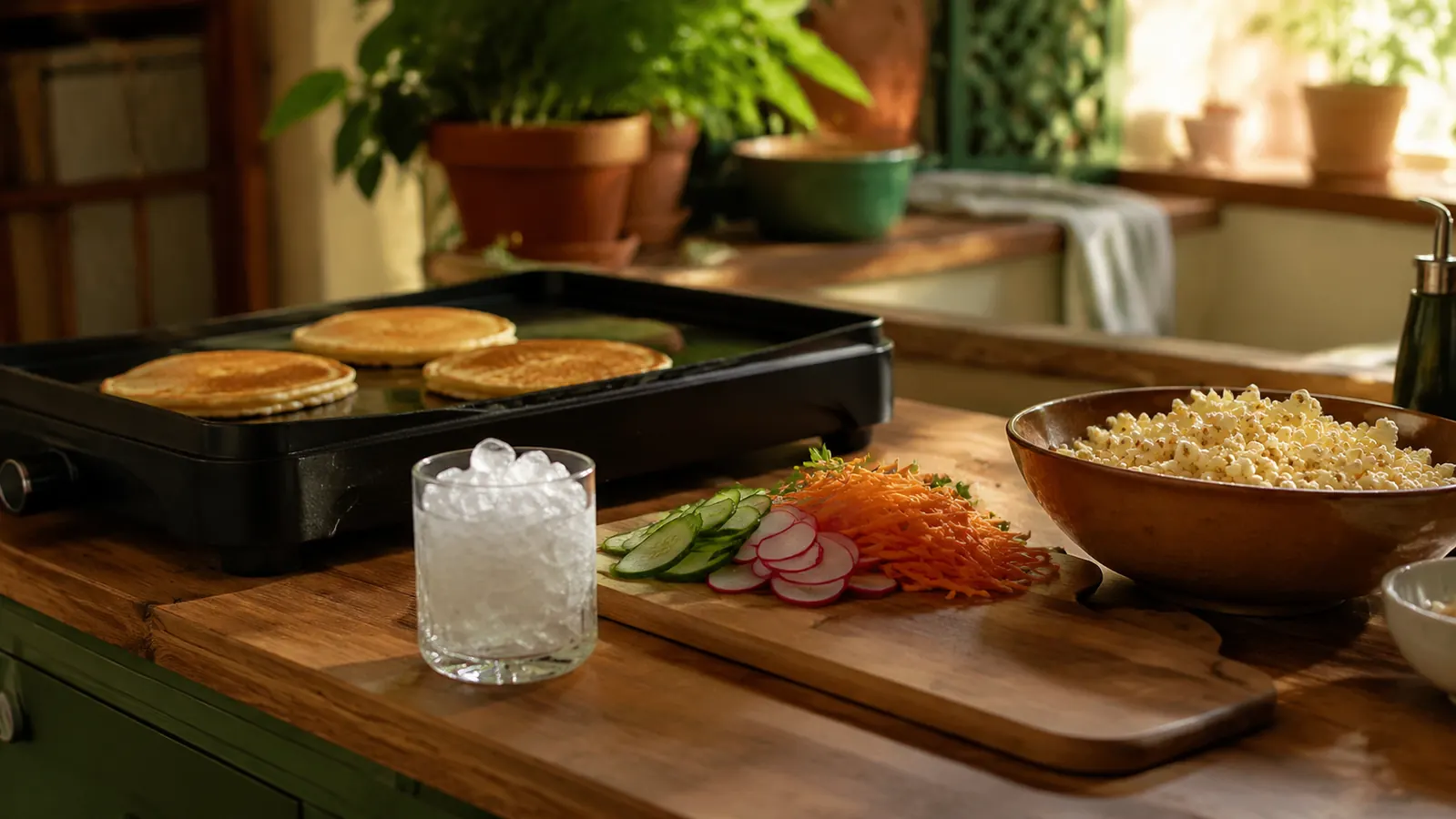 A bright home kitchen counter with fresh produce, a cutting board, and well-used kitchen gadgets in warm natural light