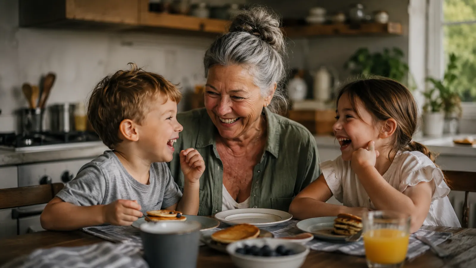 Grandmother and grandchildren eating pancakes and eggs together at a full breakfast table