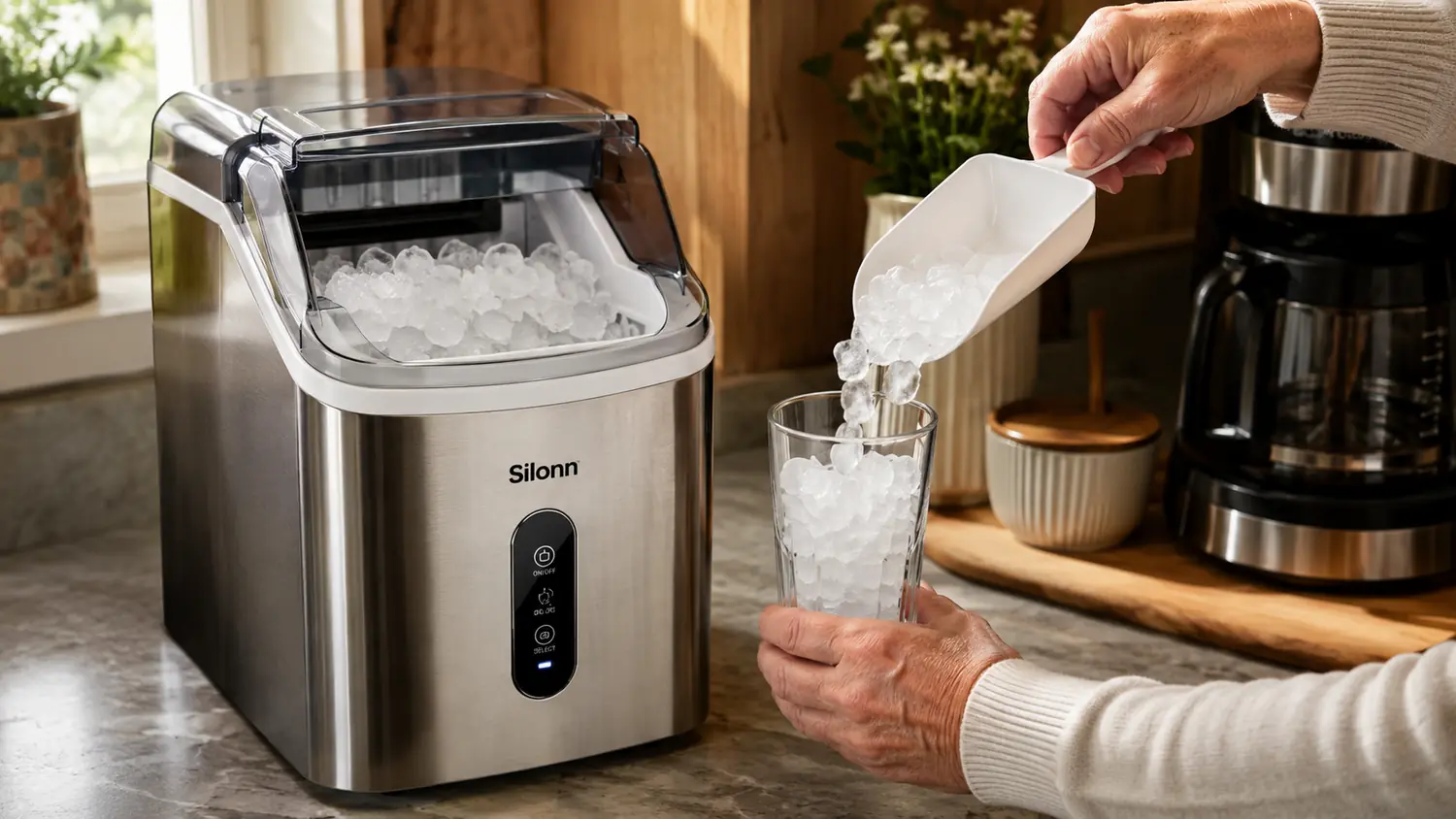 A hand scooping fresh nugget ice from the Silonn ice maker into a tall glass on a kitchen counter