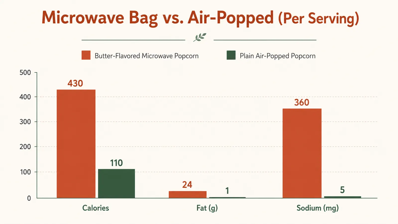 Chart comparing calories, fat, and sodium in a bag of butter-flavored microwave popcorn versus a bowl of air-popped popcorn