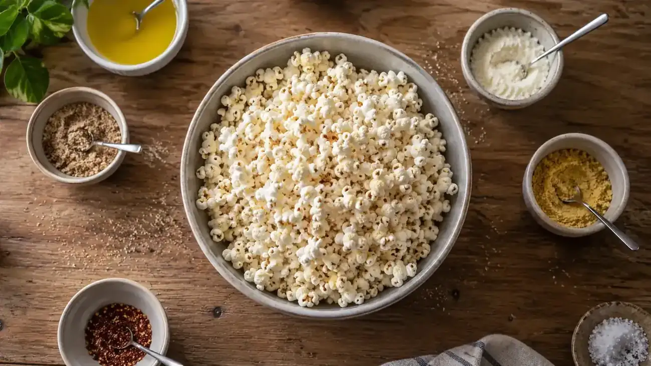 Small bowls of popcorn seasonings, including melted butter, cinnamon sugar, and nutritional yeast, arranged next to a big bowl of popcorn