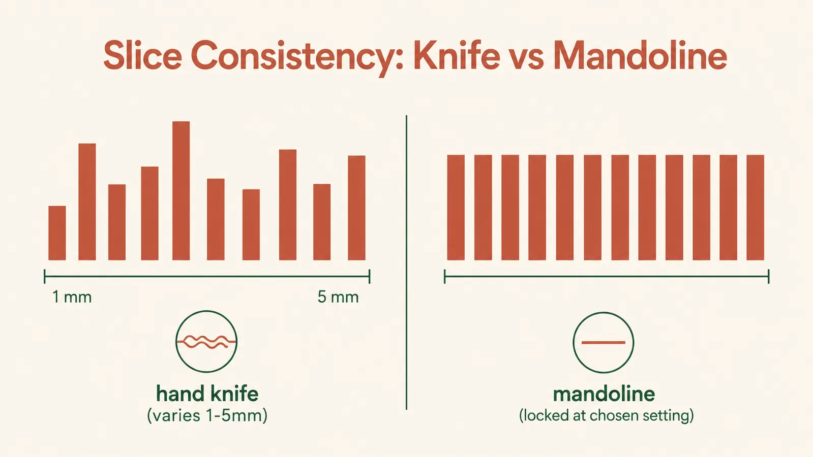 Chart comparing slice thickness consistency between knife cutting and mandoline slicing