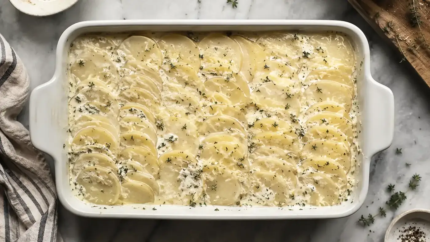 A tray of evenly sliced potatoes arranged for a gratin, ready to go into the oven
