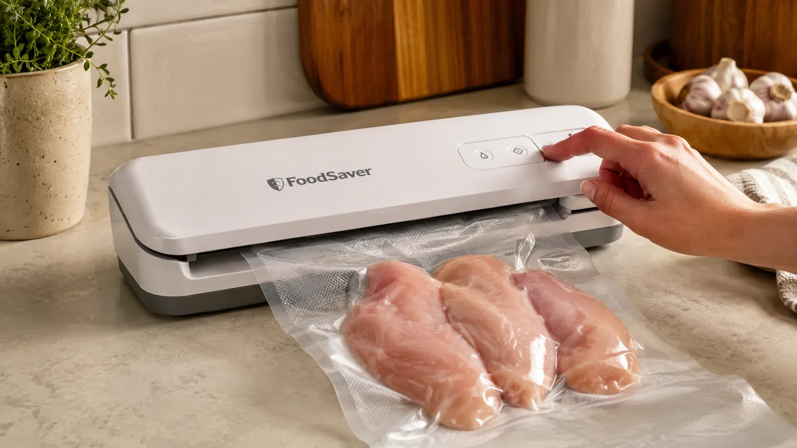 A hand using the FoodSaver compact vacuum sealer to seal a bag of raw chicken breasts on a kitchen counter