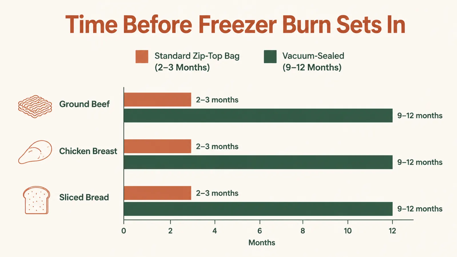 Chart comparing how long ground beef, chicken, and bread stay freezer-burn free in a zip-top bag versus a vacuum-sealed bag