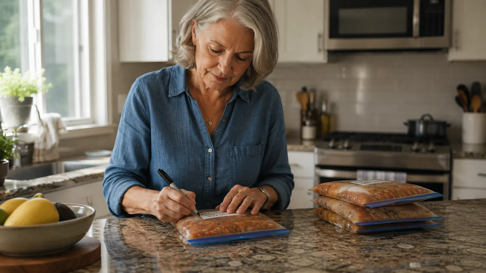 A person writing the date and contents on a freshly vacuum-sealed bag of food at a kitchen counter before freezing