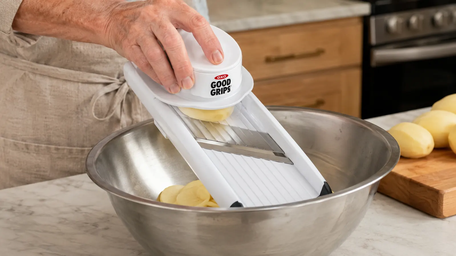 A hand guiding a potato down an OXO mandoline slicer's ramp using the hand guard, slices falling into a stainless mixing bowl