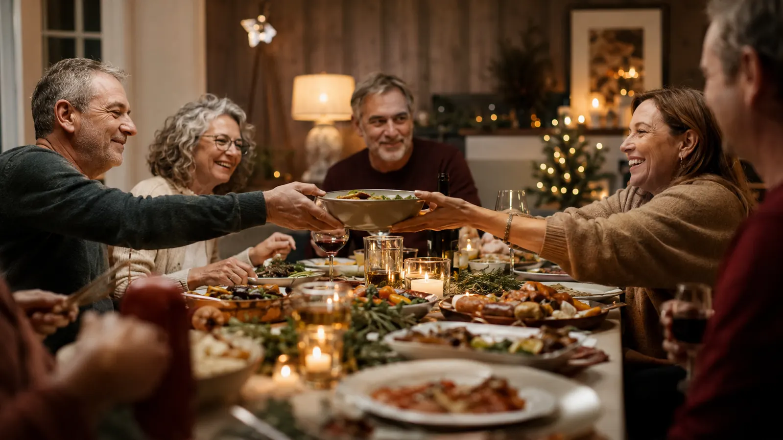 A family gathered around a holiday dinner table, dishes being passed, warm lighting