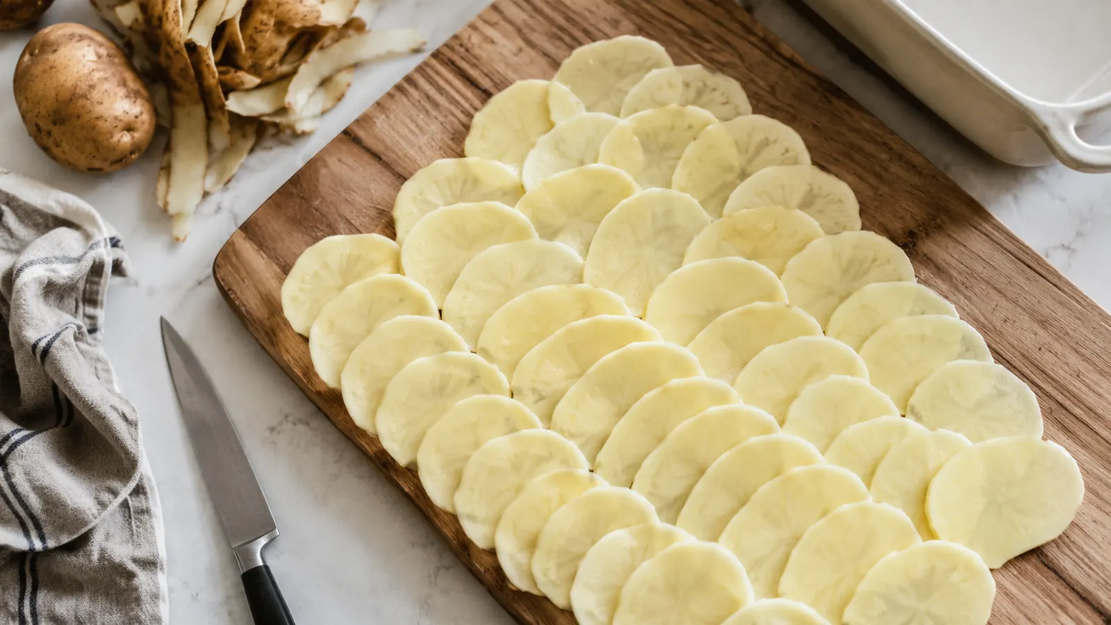 Overhead view of thin, evenly sliced potato rounds fanned out and ready for a gratin dish