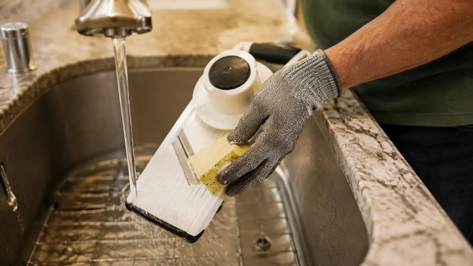 Hand wearing a cut-resistant glove while rinsing the OXO mandoline blade under running water