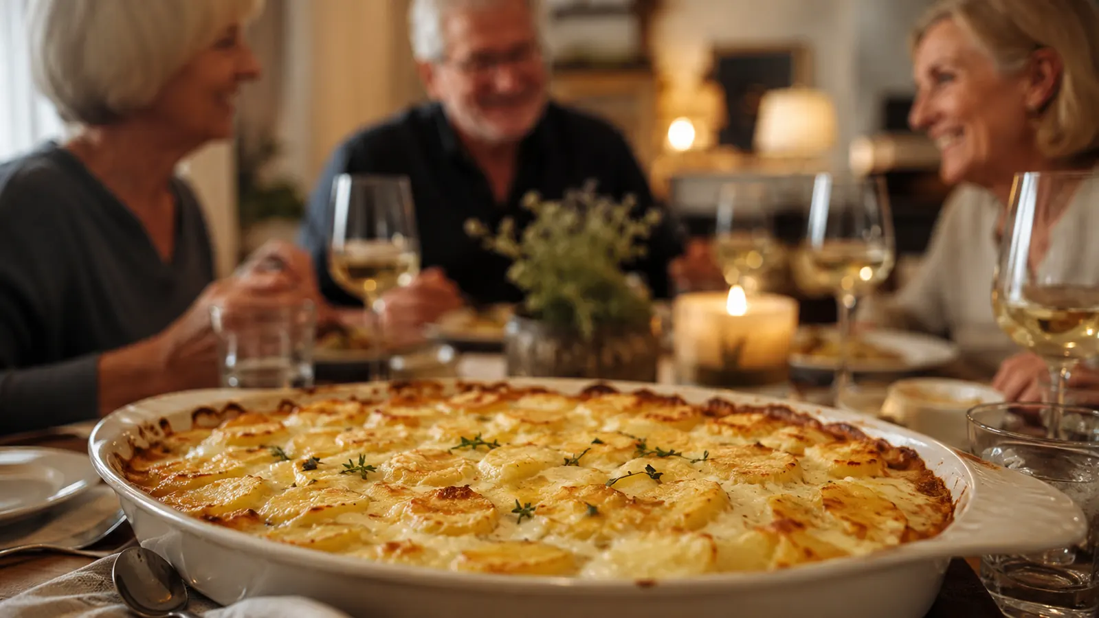 Finished golden scalloped potato casserole on a set dinner table with a family gathered in the background