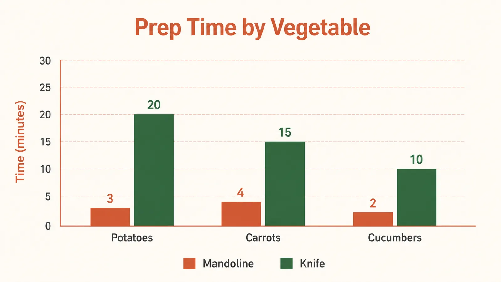 Bar chart comparing vegetable prep time in minutes for a mandoline slicer versus a chef's knife across potatoes, carrots, and cucumbers