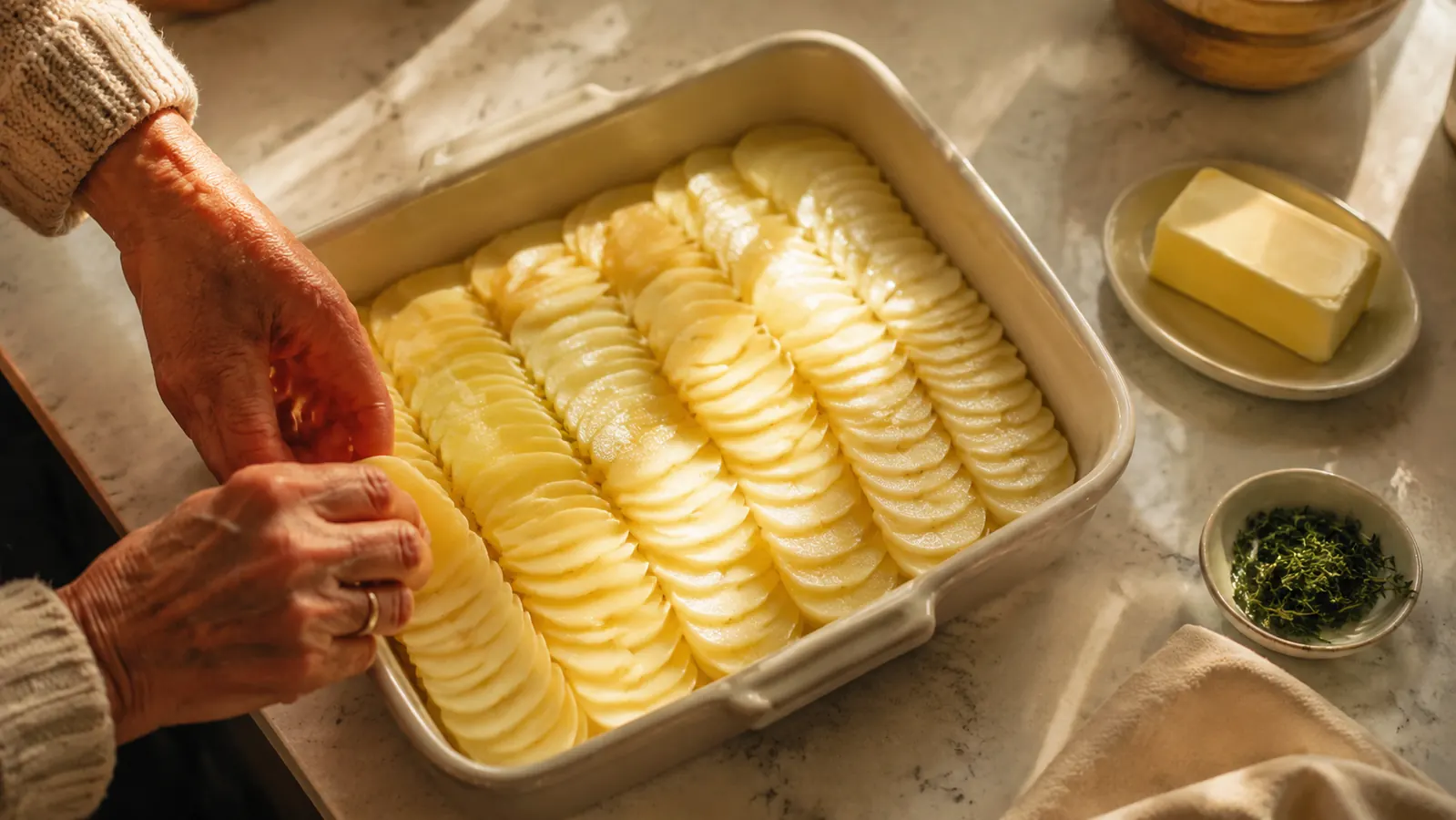 Evenly sliced potato rounds layered into a gratin dish ready for the oven on a kitchen counter