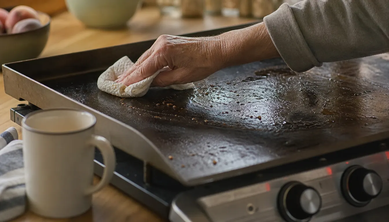 Close-up of a griddle surface being wiped clean with a cloth while still slightly warm, syrup bottle nearby