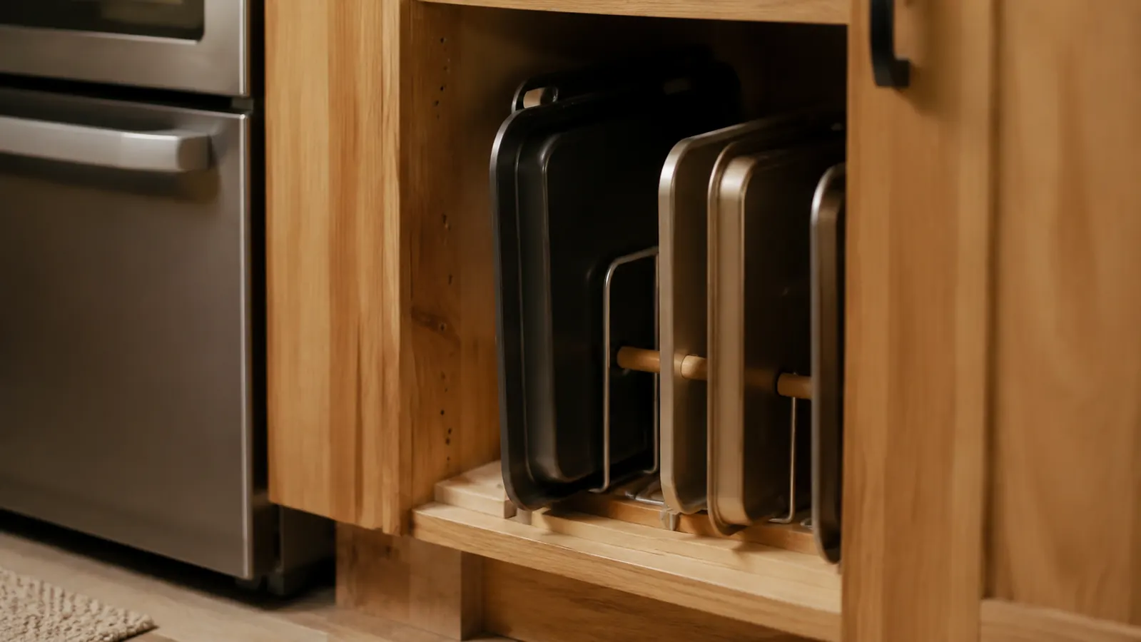 Presto griddle stored upright in a narrow kitchen cabinet gap next to baking sheets