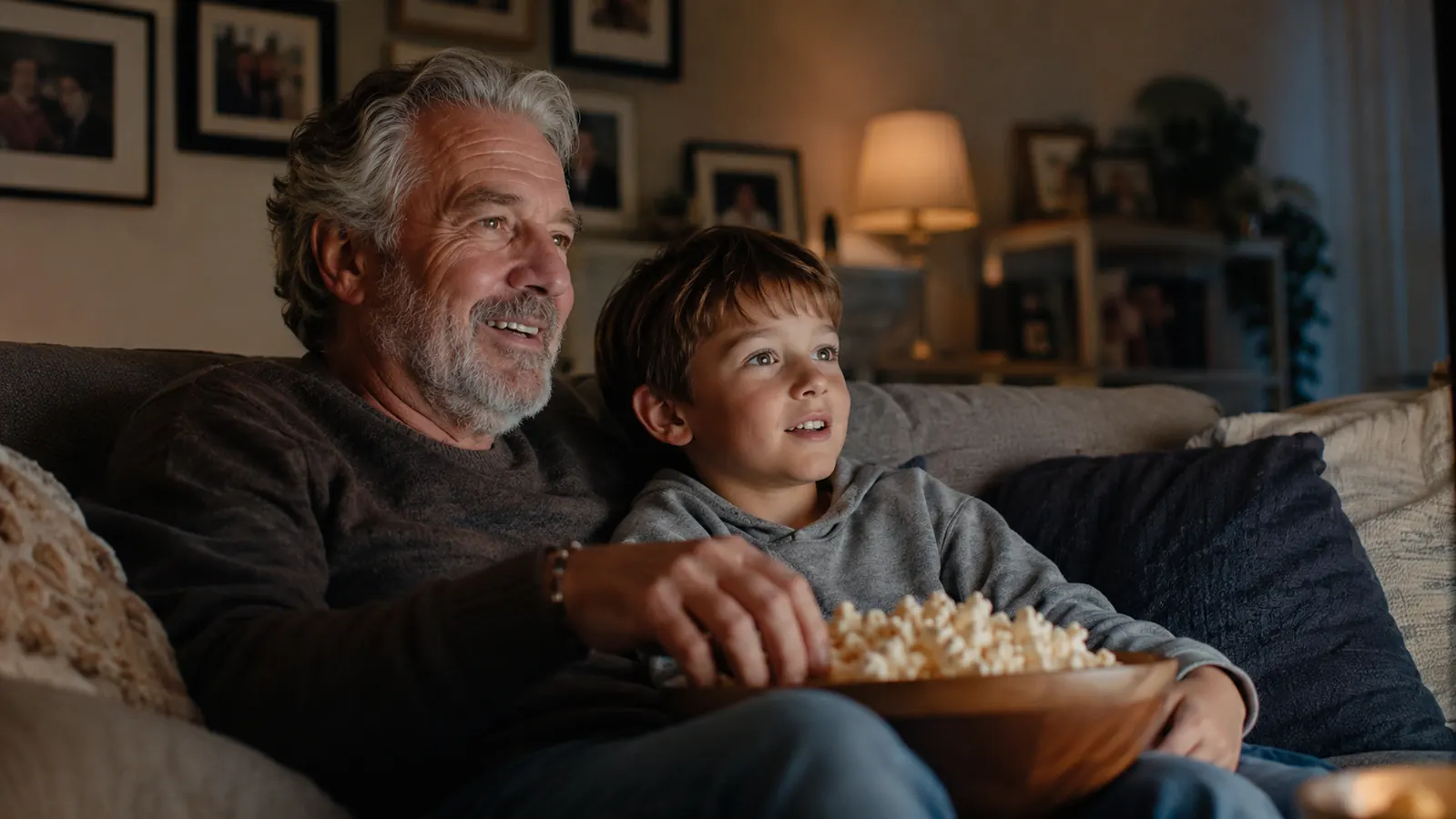 Grandfather and young grandson sharing a bowl of popcorn on the couch during movie night