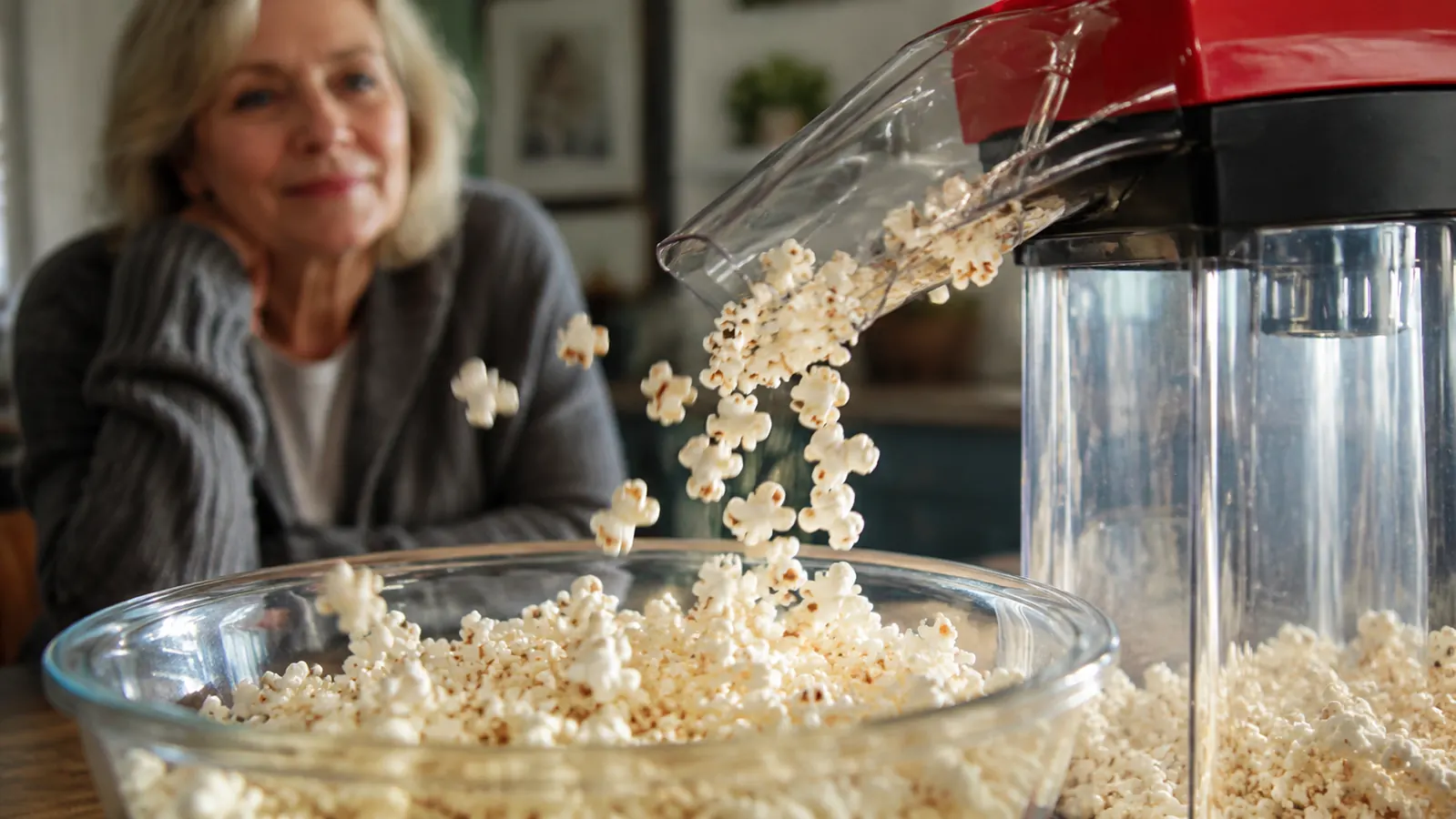 Popcorn popping and spilling out of the popper's chute into a large stainless steel mixing bowl