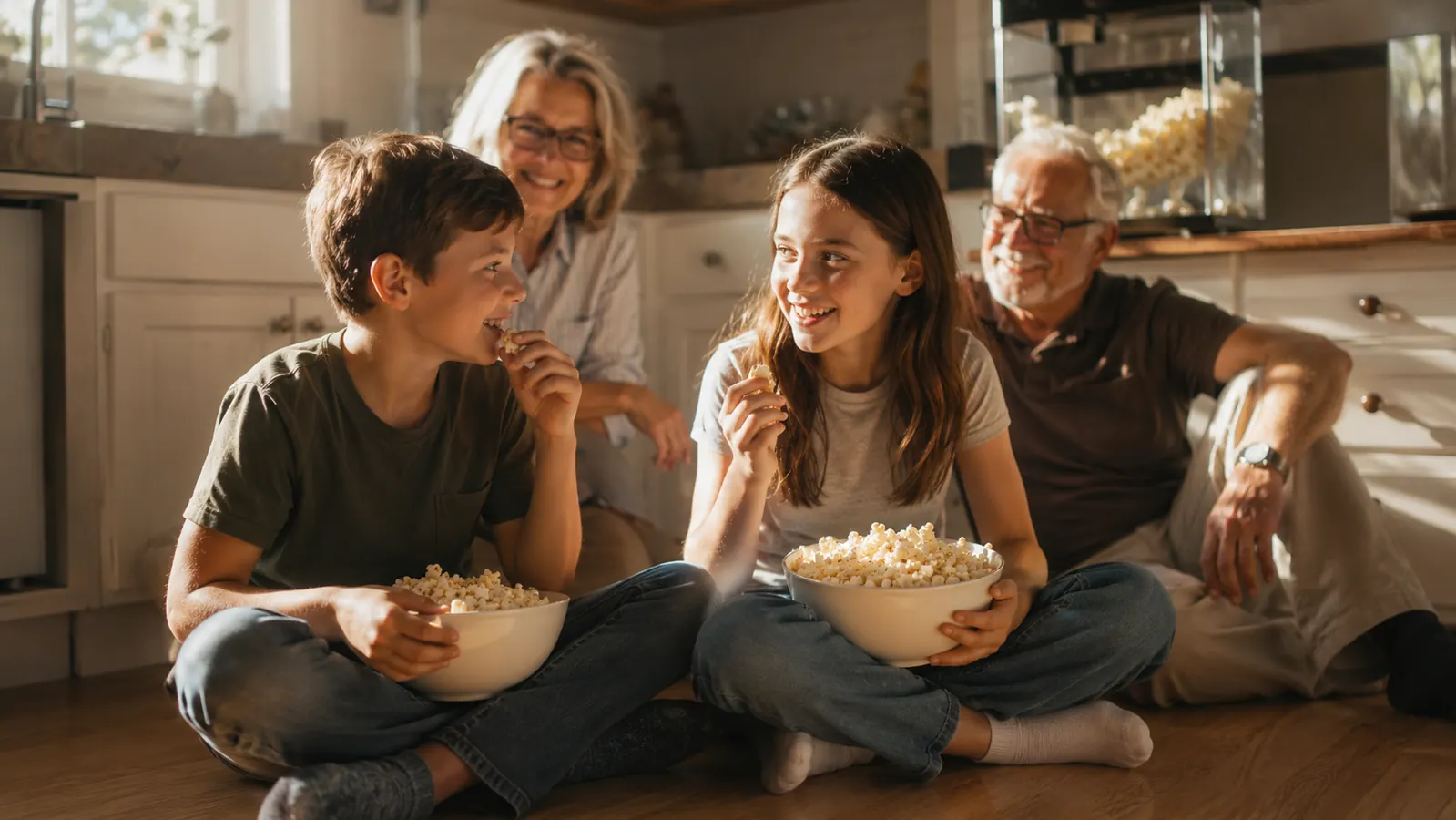A young boy and girl sitting on the kitchen floor, laughing, each holding a small bowl of popcorn while a yellow popcorn popper runs on the counter behind them
