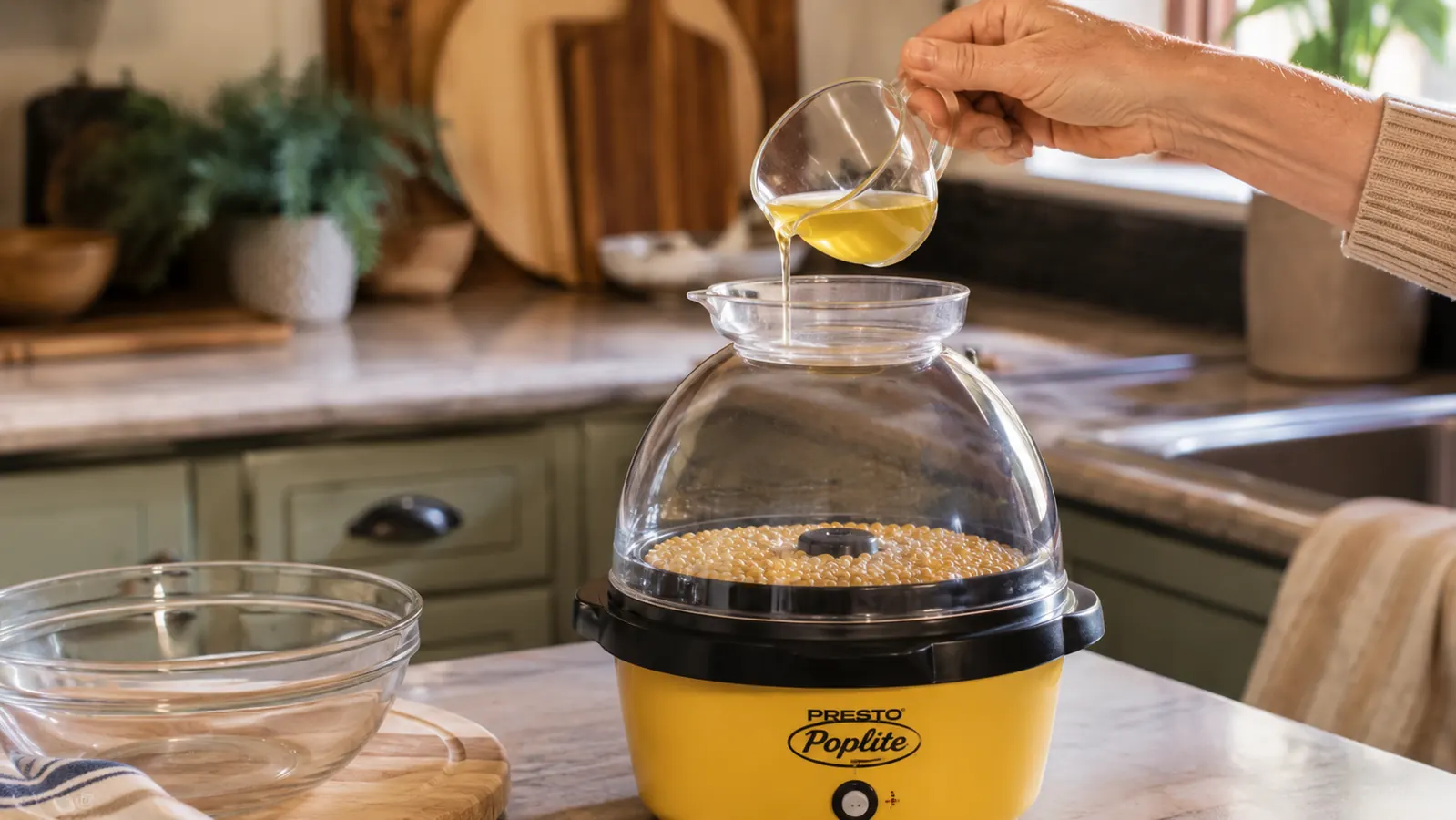Hand pouring melted butter into the Presto Poplite's built-in measuring cup lid before popping