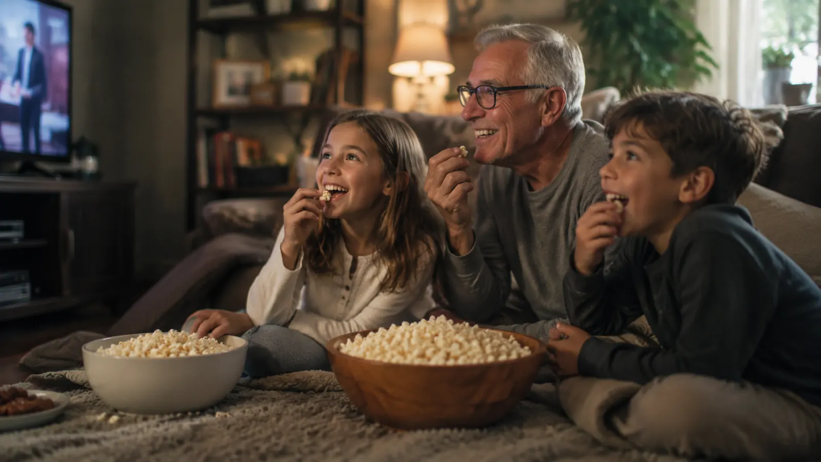 Grandkids sitting on a living room floor with bowls of popcorn watching a movie