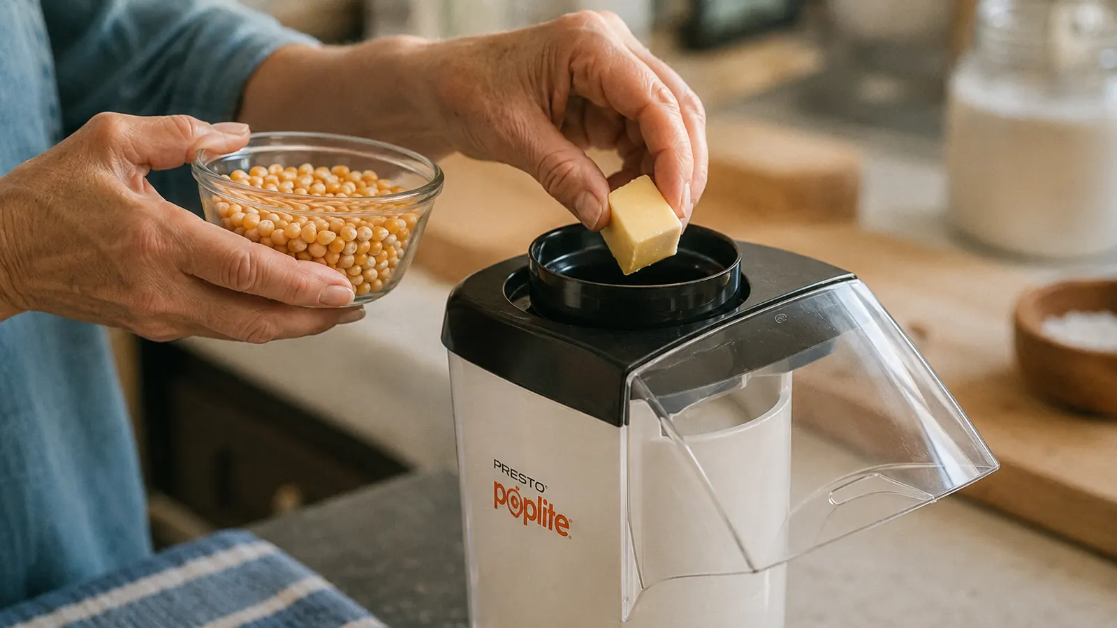 Hand pouring popcorn kernels into the built-in measuring cup on top of the Presto popper before adding a pat of butter