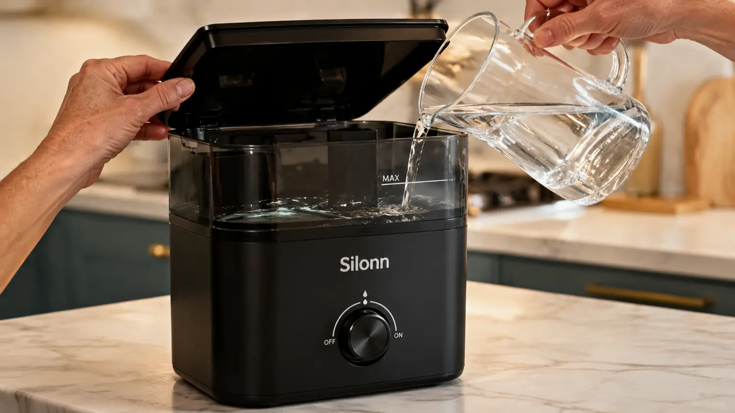 Hand pouring water into the top reservoir of the Silonn ice maker