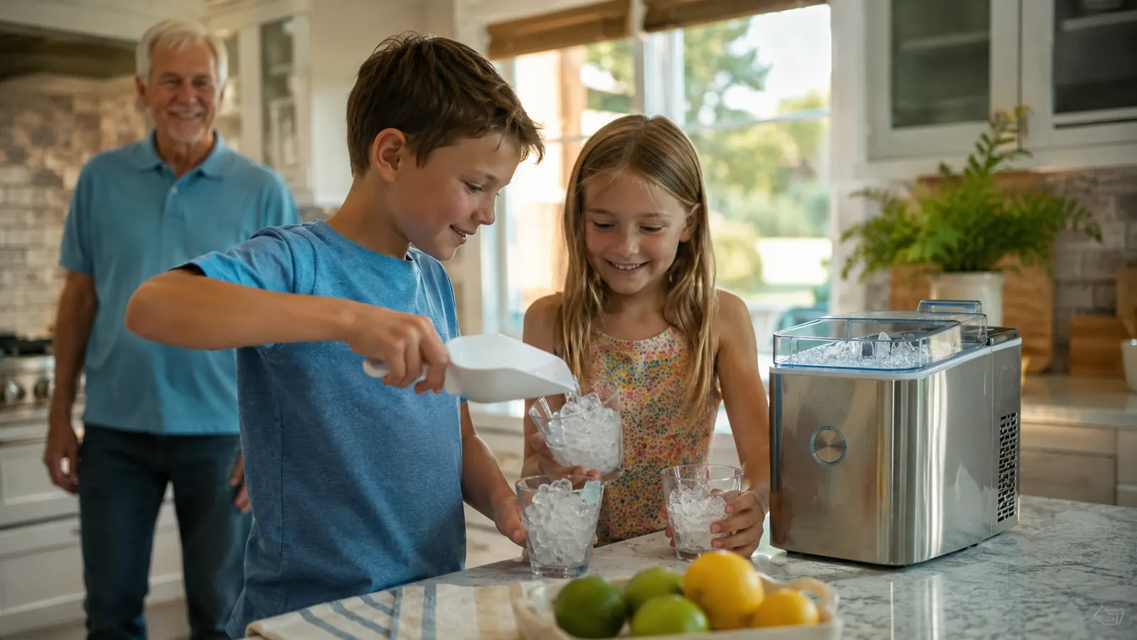 Grandchildren filling glasses with ice from the countertop ice maker during a summer visit
