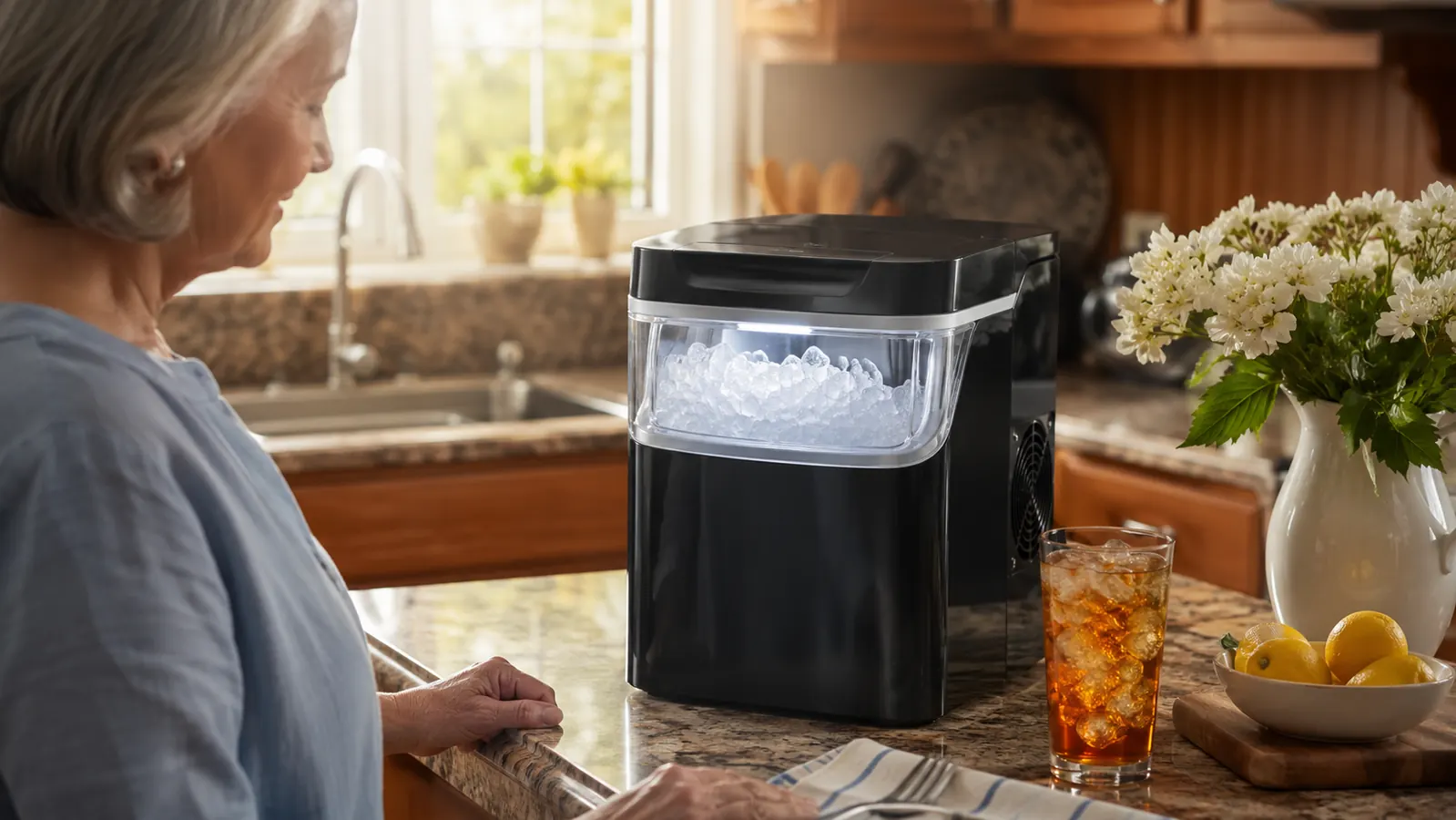 Silonn nugget ice maker sitting on a sunlit kitchen counter next to a glass of iced sweet tea