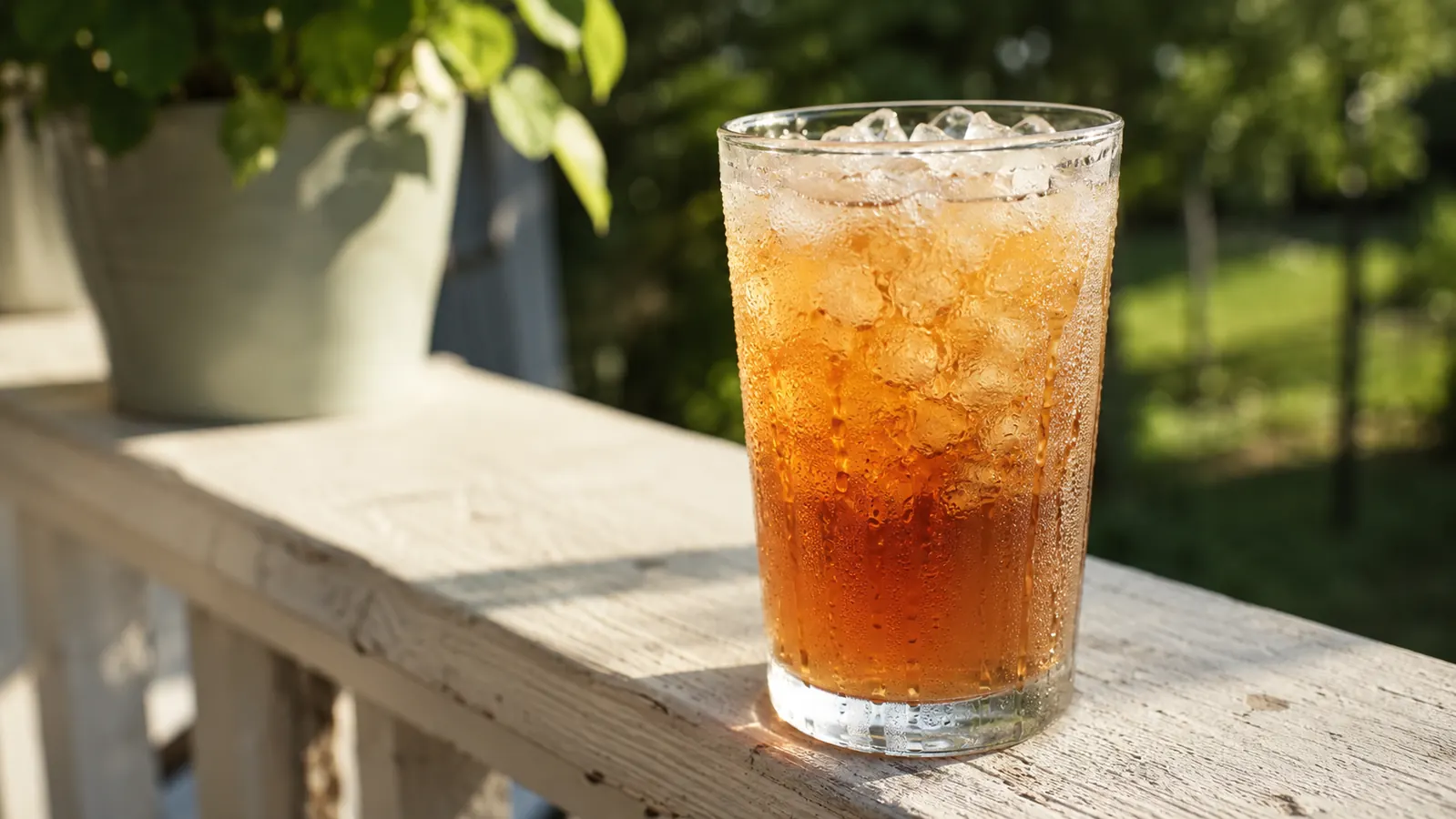 Glass of iced tea with chewable nugget ice and condensation beading on the outside, sitting on a porch railing