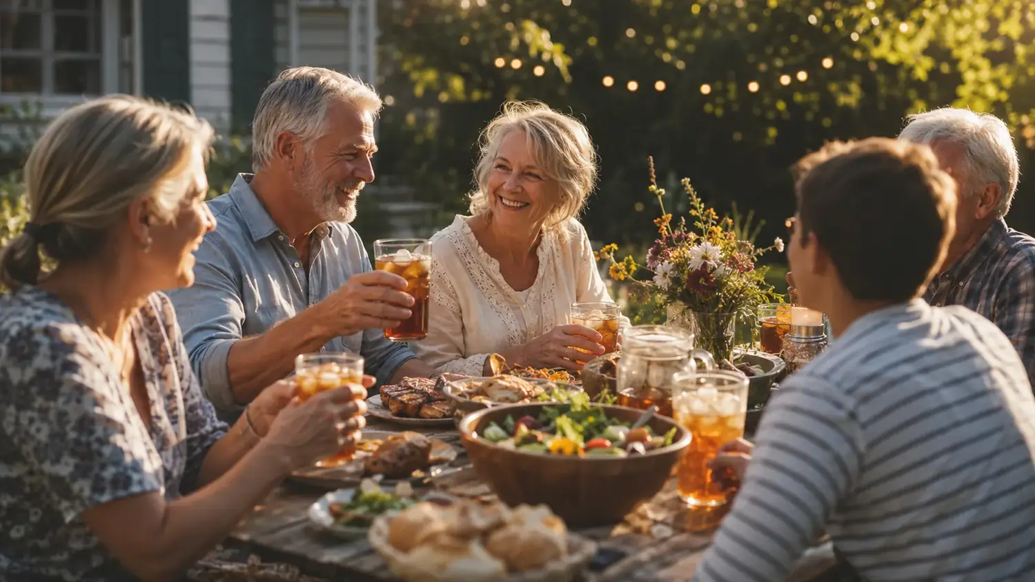 Family gathered on a backyard patio in early evening with pitchers of iced tea and lemonade on the table