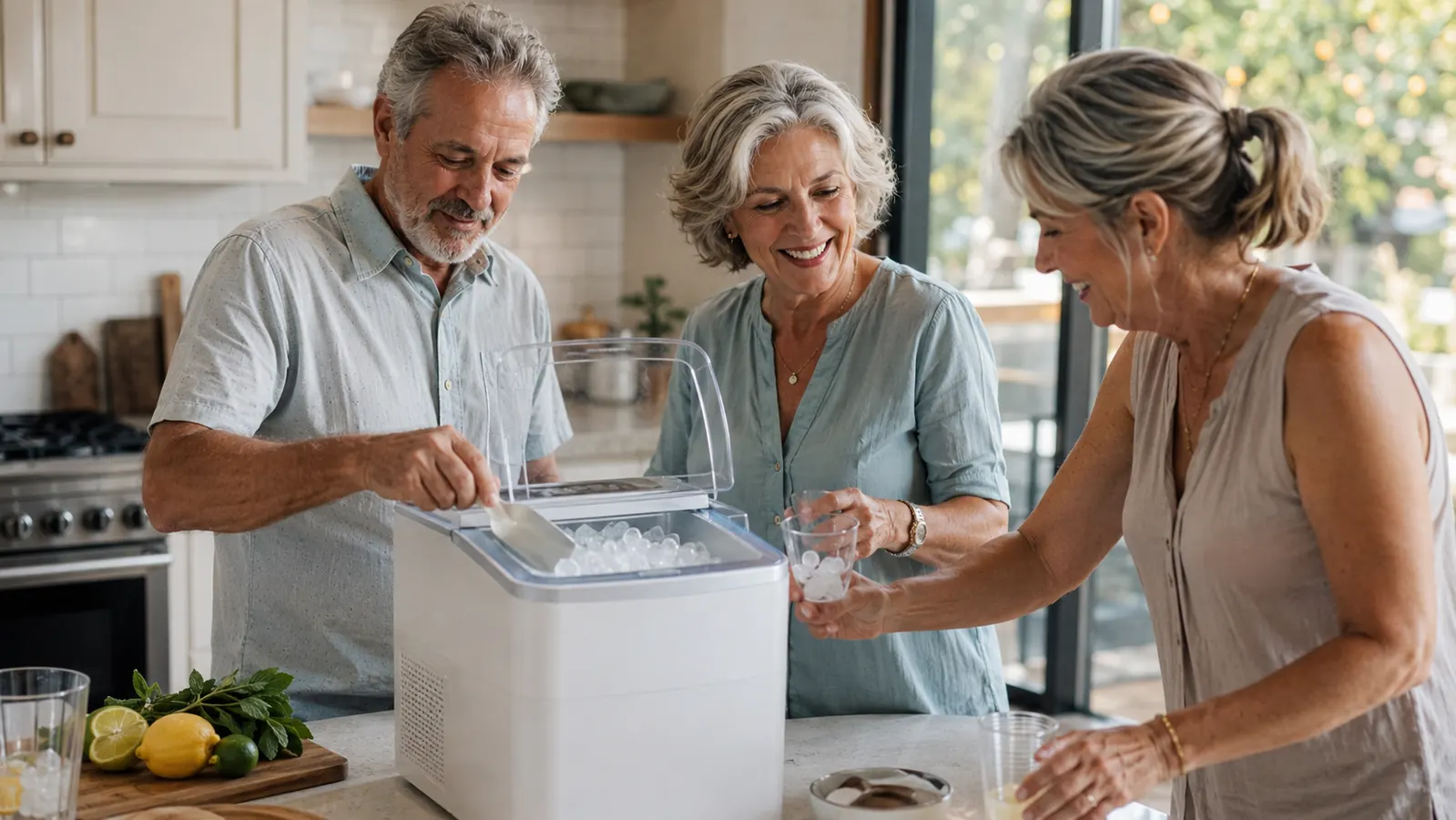 Family gathered around a kitchen island filling glasses with ice from the Silonn machine on a summer afternoon